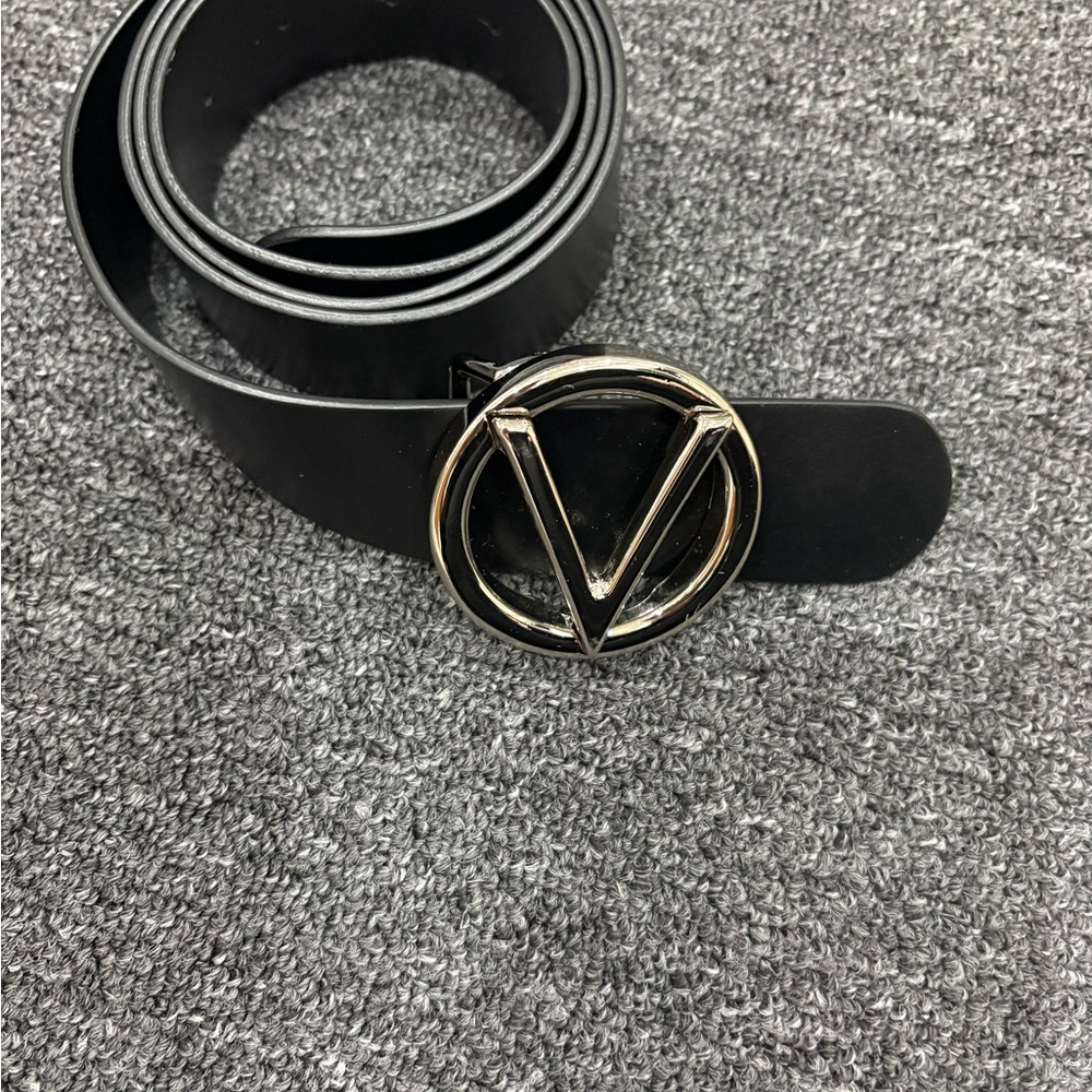 Valentino Black Leather Belt with Silver V Logo Buckle